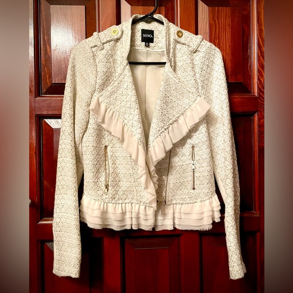 EUC elegant white women’s moto jacket with ruffles size M - Picture 2 of 16